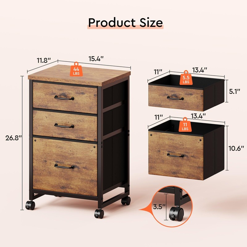 Maihail 3 Drawer Mobile File Cabinet with Wheels Fabric Vertical