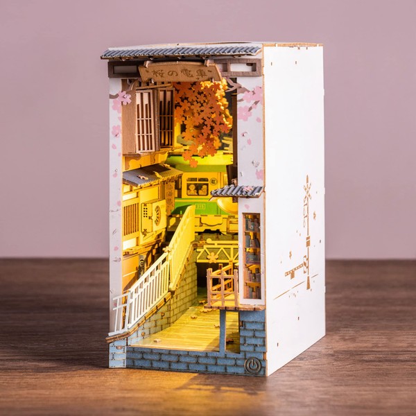 Rolife DIY Book Nook Kit Sakura Densya, DIY Miniature Booknook Kit Creative Decorative Bookend Bookshelf Insert 3D Puzzles for Adults, Halloween/Christmas Decorations/Gifts for Adults (Sakura Densya)