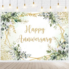 Withu Happy Anniversary Backdrop Sign Decorations Banner Sage Green Gold Photography Background Leaves Marriage Memorial 10 Years 25th 30th 40th 50th 60th Wedding Day Backdrops 6x4ft