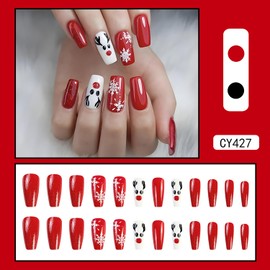 24Pcs Christmas Press on Nails with Snowflake Elk Designs Red Glossy Full Cover Square Xmas Artificial Fake Nails Long Acrylic Winter Coffin False Nails with Glue Stick on Nails for Women Girls