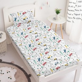 Yasida Twin Kids Fitted Sheets Road Traffic Themed Sheet and Pillowcases Set Cute Cartoon Truck Bed Boys Twin Sheet Set 2 Piece Bedding Decor Set（No Top Sheet）