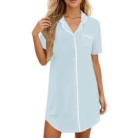 KCW Women Nightshirts Sleeping Button Up Pajama Dress Hospital Labor Delivery Surgery Gown Short Sleeve Light Blue