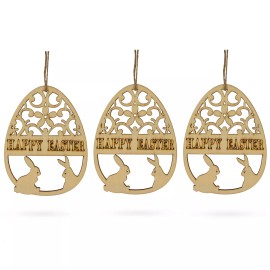 BESTPYSANKY Set of 3 Happy Easter Egg Unfinished Wooden Ornament 4.3 Inches
