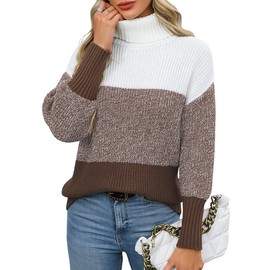 QIANSIQIANBO Women's Striped Color Block Sweater Oversized Turtleneck Sweater Long Sleeve Casual Ladies Knitted Tops Pullover (L) Coffee