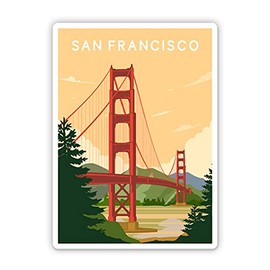 Squiddy San Francisco Golden Gate Bridge Vintage Retro Travel Poster Style - Vinyl Sticker Decal for Phone, Laptop, Water Bottle (3" high)