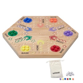 Flybold Wooden Marble Board Game Set for Adults and Kids - 6-Player Classic Strategy Game with Dice and Storage Bag - Durable Wooden Game Board for Family Fun, Indoor Parties, Picnics and BBQ Events