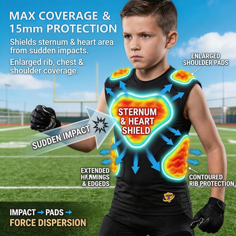 Eicolorte Youth Padded Compression Shirt, Machine Washable Kids Chest Rib