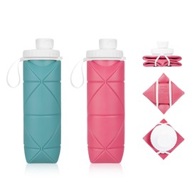 HEEDU Paquete de 2 Botella de Agua Plegable con Válvula a Prueba de Fugas, Botella de Silicona Plegable, Reutilizable, Botella Flexible sin BPA para Gimnasio, Correr, Ciclismo, Acampar (Verde+Rosa)