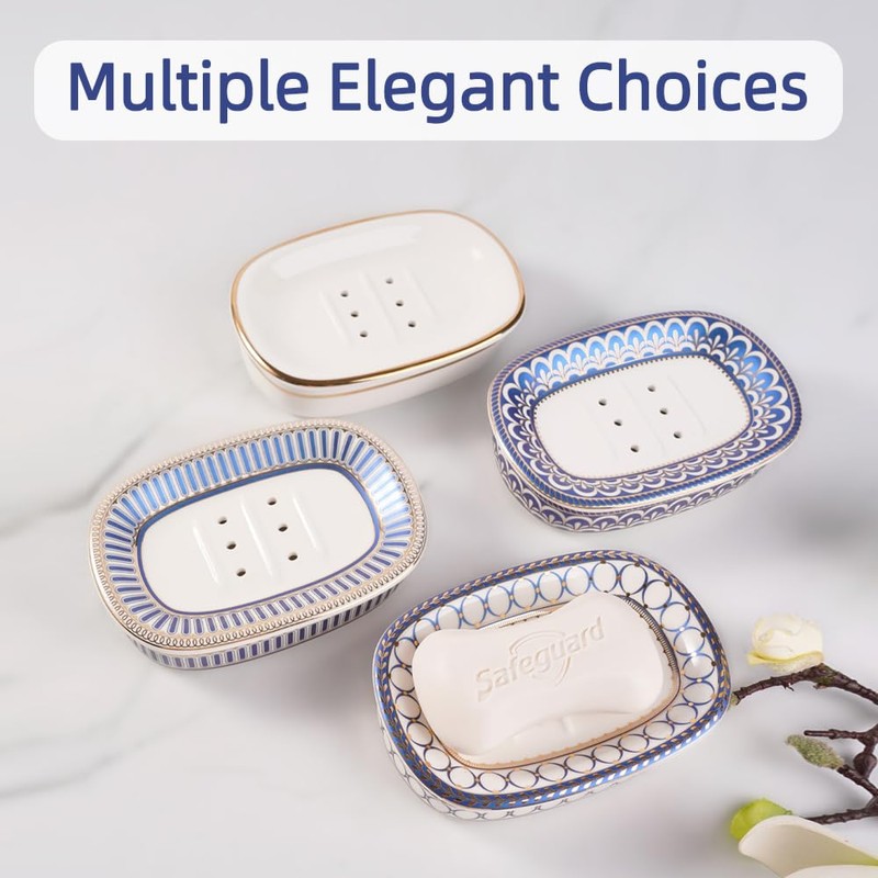 Self Draining Soap Dish, Double-Layer Bar Soap Tray, White Ceramic