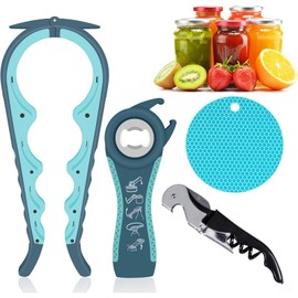 HENWUBEI 5 in 1 Multi Function Jar Opener Kit, Easy Twist Jar Opener for Weak Hands with Rubber Jar Opener Gripper Pad, for Seniors and Arthritic Hands (Set of 4)