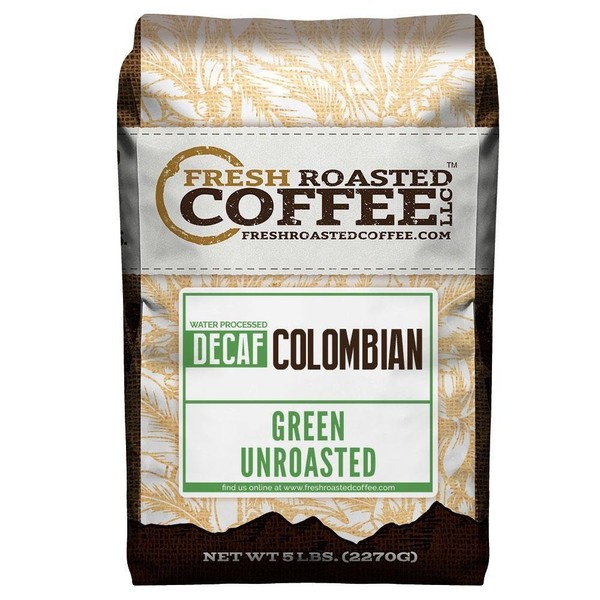 Fresh Roasted Coffee LLC, Green Unroasted Colombian Swiss Water Decaffeinated Coffee Beans, 5 Pound Bag