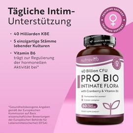 Nutravita Pro Bio Intima – Probiotika für Frauen – 40 Milliarden KBE 5-Stämme-Probiotikum mit Cranberry und Vitamin B6 – Bio-Kulturen für die weibliche Intimflora – 60 vegane Kapseln
