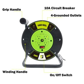 EP Extension Cord Storage Reel with 4-Grounded Outlets, Heavy Duty Open Cord Reel for 12/3 14/3 16/3 Power Cords, Portable Empty Hand Crank Electric Cord Roller Holder, Green