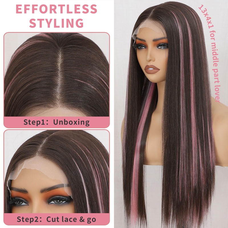 CLIONE 24 Inch Long Straight Lace Front Wigs Pink Highlight