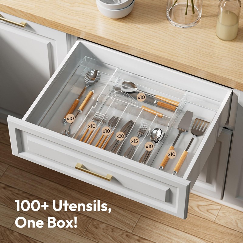 NIUBEE Expandable Kitchen Drawer Organizer for Flatware and Utensils,Clear Acrylic