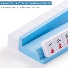 4PCS Wooden Mahjong Racks with Magnetic Pushers, 17.4 in Natural Wood American Mahjong Tile Rack Set, Modern Table Game Accessories for Mahjong Tiles（Blue,17.5