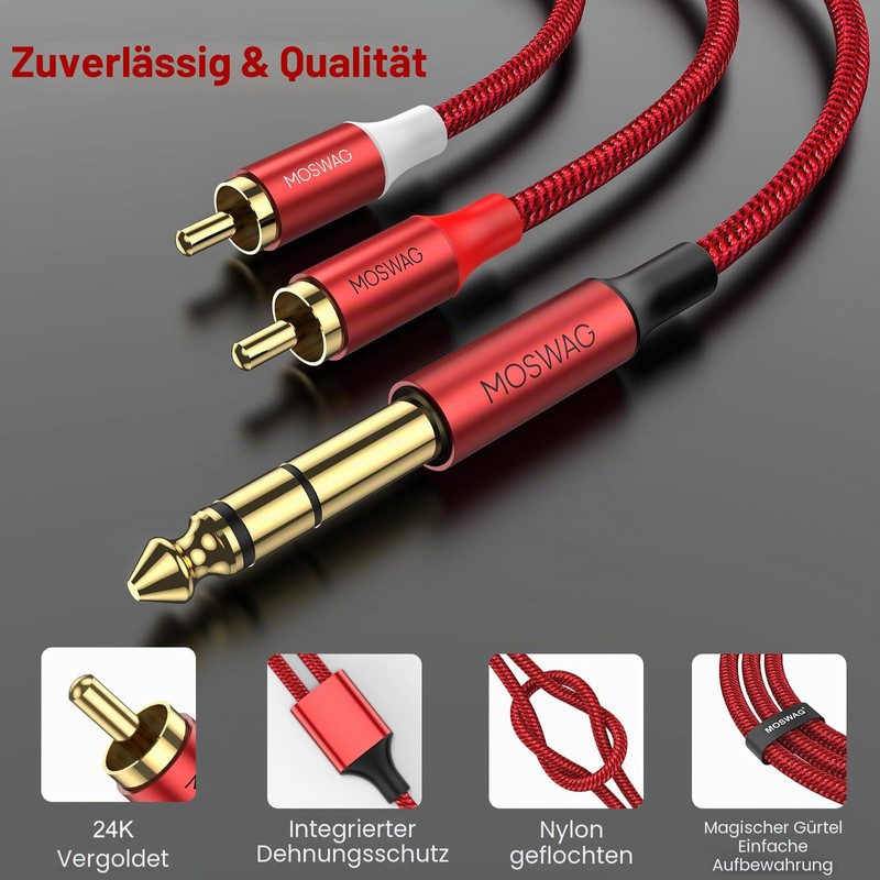 MOSWAG 6.3 mm Jack to RCA Cable, RCA Audio Cable
