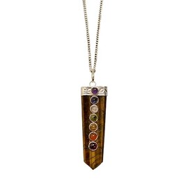 VIE 7 Chakra Flat Pendant, Silver Chain, 5x1.5cm (Tiger's Eye)