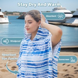 Kato Tirrinia Surf Poncho Changing Aid Beach for Men and Women, Bath Poncho with Hood, Absorbent, Windproof, Towel Poncho as Changing Aid for Surfers, Swimming, Camping, Sauna, Bathing, Blue Leaf