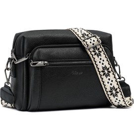 HILAEX Women's Crossbody Bag Leather Shoulder Handbags with Wide Strap Small Anti-thief Purse (Black+gunmetal zipper)