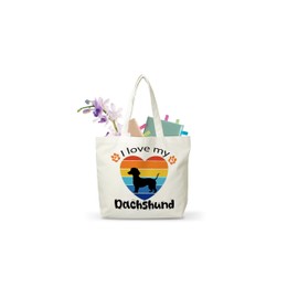 Dachshund Canvas Tote Bag, I Love My Dachshund Themed Grocery Bag, Rainbow Puppy Reusable Shopping Bag, Birthday Christmas Gifts For Women Dachshund Lover Dog Mom Dog Owner, A46