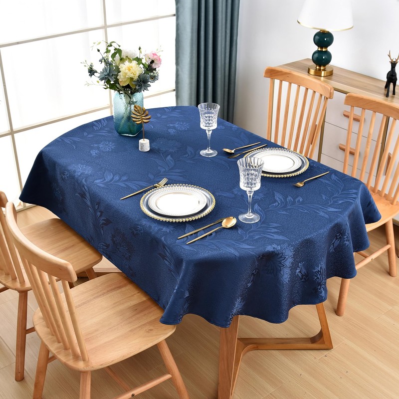 Wolkemer Shiny Oval Jacquard Tablecloth 60 x 102 Inch Navy