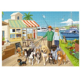 Beach Dog Walking Puzzles for Adults 1000 Pieces, Nature Seaside Store Jigsaw Puzzle with Cute Dogs, Boats, and Cafe, Funny Vacation Coastal Scene Puzzles for Dog Lovers
