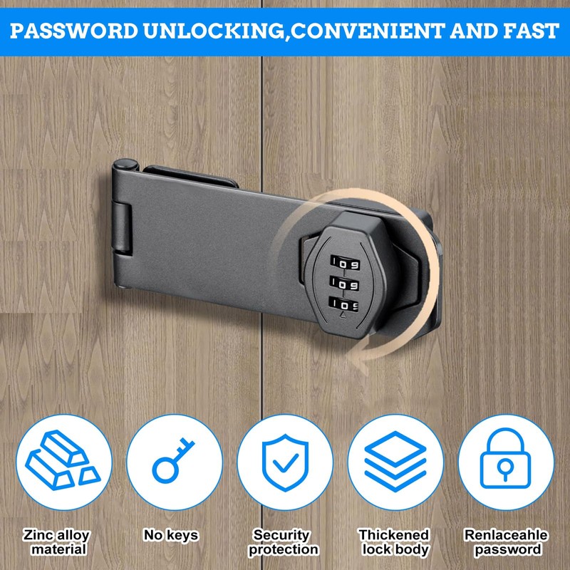 Combination Lock for Cabinet Cupboard, 3-Digit Keyless Hasp Latch Locks