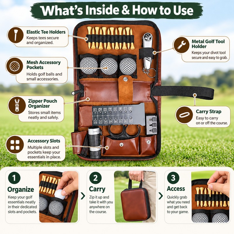 9-in-1 Golf Accessories Kit for Course Organization – Waterproof Brown