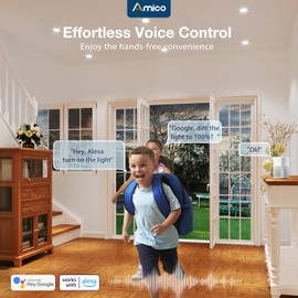 Amico 1 Pack 6 Inch Smart LED Recessed Lighting, WiFi Bluetooth Canless Downlight with Junction Box, RGB & 2700-6500K Color Changing, 12W=110W 1000LM, Works with Alexa/Google Assistant, APP Control