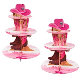 Paquete de 2 soportes para magdalenas de vaquera occidental, 3 niveles, para fiesta de cumpleaños, para fiesta de cumpleaños, torre de postre, decoración de fiesta temática de vaquera, para baby
