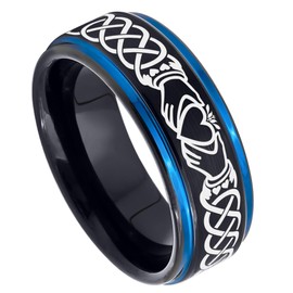 Celtic Claddagh Tungsten Ring - 2-Tone Brushed Black IP & Blue Tungsten Carbide Wedding Band - Comfort Fit Anniversary Ring 8MM - #901CLDs10.5