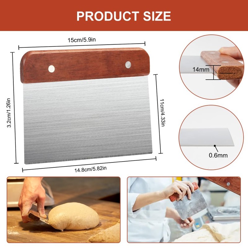 Pack of 2 Stainless Steel Dough Scrapers with Wooden Handle,