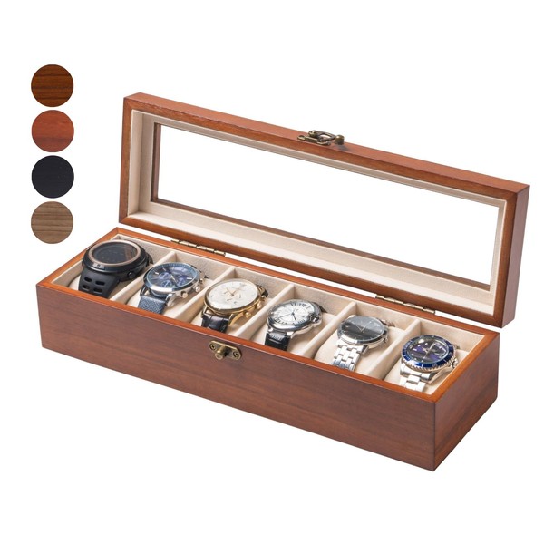 Exper City Watch Box, Watch Case for Men Women with Large Glass Lid, Wooden Watch Display Storage Box with 6 - Slots, Walnut Mens Watch Box Organizer