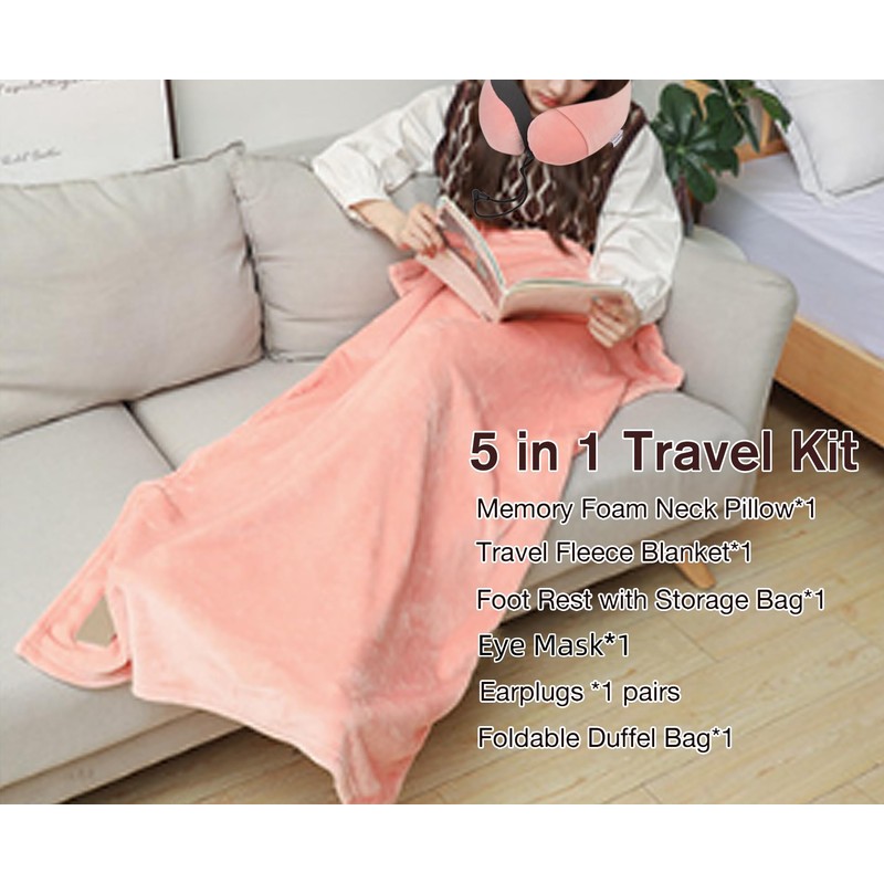 Travel Pillow and Blanket Set & Foot Rest, Memory Foam