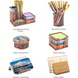 HurLuksi Pen Holder for Desk, 6 Pieces Mesh Desk Organiser Set, Rese Gold Desk Tidy with 3 Compartments pens holder, Mail Organizer Letter Holder, Home Office Supplies and Accessories (Rose Gold)