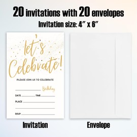 IKFRGN Let's Celebrate! Gold Dot Birthday Invitations-Gold Glitter Party Invites For Adult & Teens-20 Cards with 20 Envelopes-Birthday Party Favors & Supplies-A11