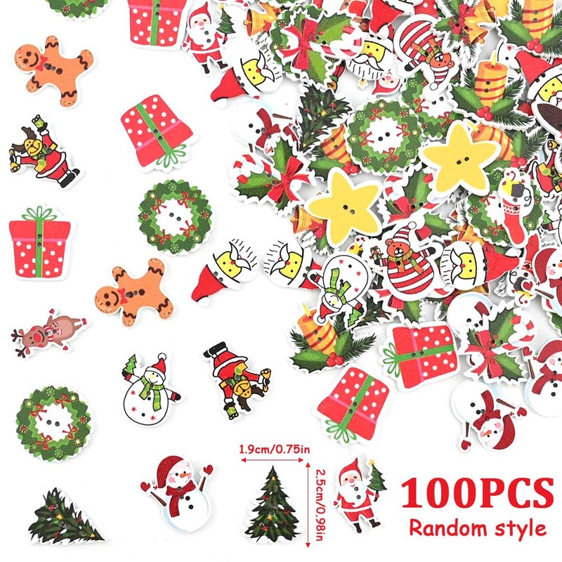 Christmas Craft Buttons 100pcs - Assorted Wooden Sewing Buttons for