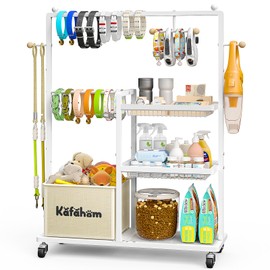 KAFAHOM Dog Toy Basket, Basket For Dog Toys Living Room, The Stuff For Dogs, Cat Toy Box, Dog Toy Bin, Toy Chest Storage, All-in-One Pet Supplies Organizer with Leash Hanging Rail and Locking Casters