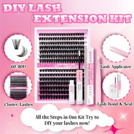 FADLASH Lash Cluster Kit 60D+80D Lash Extensions 8-16mm Eyelash Clusters Individual Lashes with Bond and Seal and Lash Tweezers DIY at Home (Kit, 60D+80D-07D-8-16mm)
