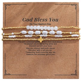 Bohxantium Crystal Gold Beaded Bracelets for Women Pearl Cross Bracelet Stack Stretch 14K Gold Plated Seed Beads Stackable Boho Trendy Gemstone Religious Jewelry Set Christian Gift for Women