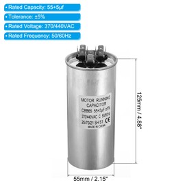 PATIKIL 55+5uF ±5% 55/5MDF 370/440V AC Fan Start Capacitor, CBB65 Circular Dual Run Capacitor for AC Motor Run Air Conditioner Cool Heat Pump Condenser Straight