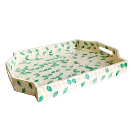 I-LAN 16 Inch Mother of Pearl Inlay Handcrafted Serving Tray -Polygon Rustic Wooden Decorative Serving Tray Sea Shell Inlay Tray for Cocktail Ottoman,Coffee Table,Breakfast,Snacks,Gadgets