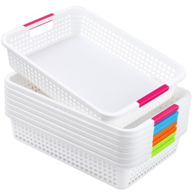 Xvvirnt 8 Pack Classroom Storage Baskets,Paper Trays for Classroom, Plastic Storage Basket with Handle, Turn in Trays for Library, Office Desk Drawer, Home(14''x10''x3'')
