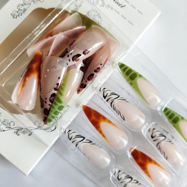 French Tip Press on Nails Almond Fake Nails with Animal Print Designs Leopard Zebra Tortoise False Nails Glossy Glue on Nails Acrylic Nails Full Cover Long Stick on Nails for Coquette Women 24Pcs