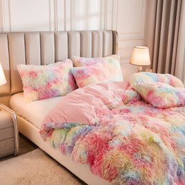 Uhamho Luxury Fluffy 1PC Duvet Cover Faux Fur Plush Shaggy Quilt Cover Velvet Bedspread Zipper Closure, No Pillow Sham, No Comforter (Rainbow, Queen)
