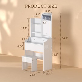 HOMEMORE Small Vanity Desk with Mirror and Adjustable 3 Colors LED Lights & Power Outlet,Makeup Vanity with 3 Drawers & 3 Shelves and 3X & 5X Magnifying Dressing Table for Bedroom White