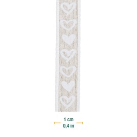 Halbach Seidenbänder Printed Linen Ribbon Hearts with Wired Edge, Width 10 mm, Length 15 m, Gift Ribbon for Mother's Day, Confirmation or Communion DIY Decoration Ribbon, Colour: Natural/White