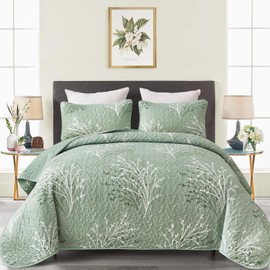 DJY Sage Green Quilt Set Twin Size Branch Botanical Pattern Bedspread Coverlet Set, Soft Microfiber Green Floral Quilt Bedding Set Lightweight Summer Bedspread for All Season, 68''x86''