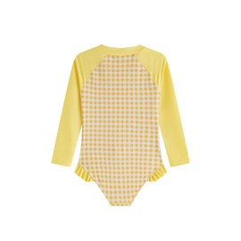 LIZENS Girls' One-Piece Swimwear Rash Guard Swimsuit Zipper Bathing Suits Long Sleeve Ruffle Girl Full Cover Flower Print(LG20-6,5-6T) Yellow